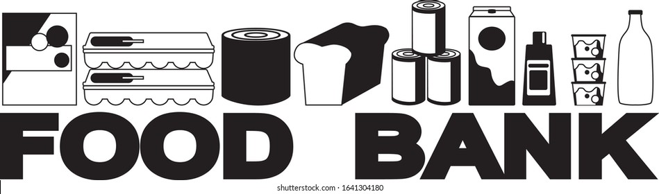 Food bank banner with different food items, no white objects, black silhouette, EPS 8