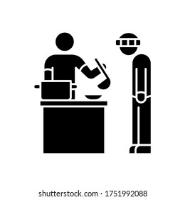 Food bank black glyph icon. Humanitarian aid to homeless people. Volunteer to work at social service program. Public welfare activist. Silhouette symbol on white space. Vector isolated illustration