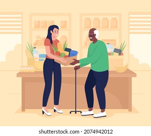 Food bank flat color vector illustration. Donating contribution to poor. Social service for elderly. Volunteer giving box of supplies to older man 2D cartoon characters with supermarket on background