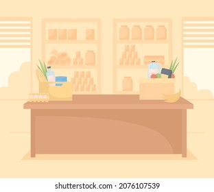 Food bank flat color vector illustration. Pantry for charity supplies. Humanitarian organization center. Monochrome orange 2D cartoon interior with supermarket shelves with products on background