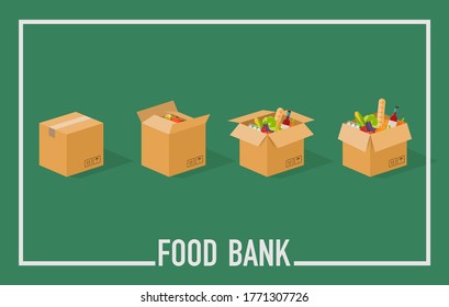 Food Bank, Simple Illustration Concept. Time To Donate. Food Donation. Boxes Full Of Food. Vector Concept Illustrations.