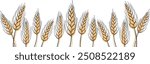 food banner bakery, pastry with wheat, oat, barley, rye, wheat ears stalks, field on yellow background and space for text, copy space