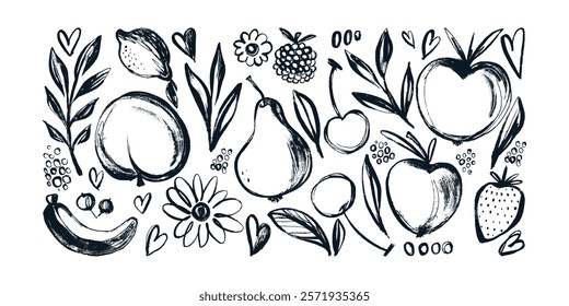 Food Banner with Black Grunge Fruits, Leaves and Flowers. Black sketched inked artistic elements . Hand drawn organic nature set