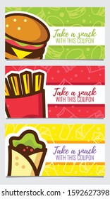 Food banner coupon vector. Burger, french fires, shawarma, and hot dog.