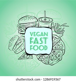 Food Banner Design Template for Restaurant Web Site. Fast Food Menu Template in Hand Drawn Doodle Style with Different Objects on Fast Food Theme. Vegan fast food, vegan burger