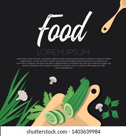 Food banner, organic clean vegetables on a dark background, wooden cutting board, spoon, vegetable leaves, poster, flyer. Concept for healthy food design, healthy lifestyle, vegan or diet food. 