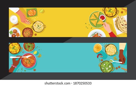 Food banner, Top view of people enjoying Indian food together.