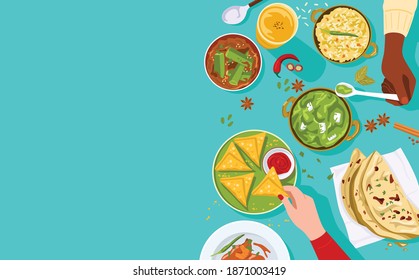 Food Banner, Top View Of People Enjoying Indian Food Together.