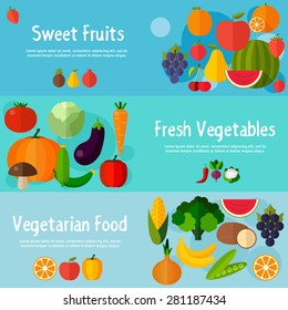 Food banners in flat style. Colorful template for cooking, restaurant menu and vegetarian food