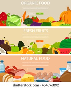 Food banners set with vegetables and fruits, heatlthy food. Natural food products. Concept website template. Vector