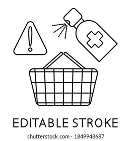 Food basket disinfection. Safe shopping. Attention, protect yourself at the supermarket. Sanitizing basket of food. Prevention of coronavirus when shopping. Editable stroke. Vector