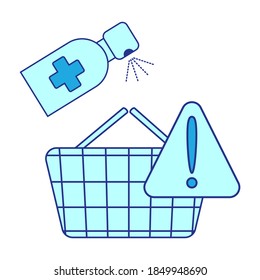 Food basket disinfection. Trolley handles disinfection. Safe shopping. Attention, protect yourself at the supermarket. Sanitizing basket of food. Prevention of coronavirus when shopping. Vector