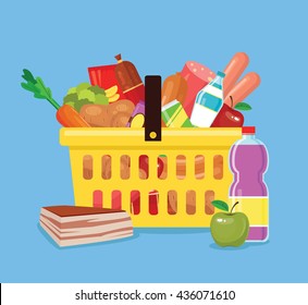 Food basket. Fresh food in basket from shop. Basket full of food. Vector flat cartoon icon illustration