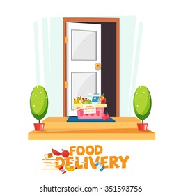 Food In Basket In Front Of The Door. Delivery Food Service Concept. E-commerce - Vector Illustration