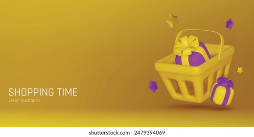 Food basket full of boxes of goods. Blue shopping cart realistic 3d object. shopping time. Creative concept idea design. Web landing page, banner and poster. vector illustration