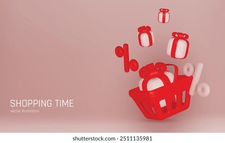 Cesta de comida cheia de caixas de mercadorias. Objeto 3d realista do carrinho de compras. tempo de compras. Design de ideia de conceito criativo. Página inicial da Web, banner e cartaz. ilustração vetorial