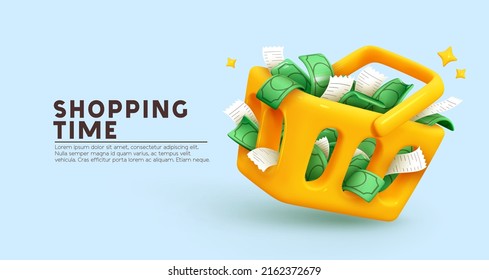 Food basket full paper green dollars   cash check  Yellow shopping cart realistic 3d object  shopping time  Creative concept idea design  Web landing page  banner   poster  Vector illustration