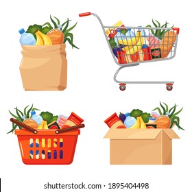 Cesta de comida. Embalaje de comestibles, bolsa de papel, caja de cartón, carrito de compras con set de comida. Entrega directa a domicilio, servicio de pedidos online. Colección de vectores aislada en fondo blanco.