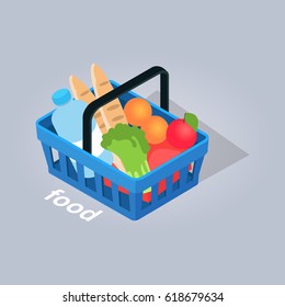 Food in basket from grocery store with loafs of bread, fresh fruits and vegetables and big bottle of water isolated on grey background. Food shopping online at home. E commerce vector illustration.