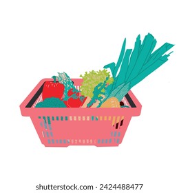 Food basket with peppers, tomatoes, lettuce, leeks, broccoli and fennel. Full shopping cart.