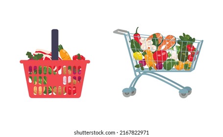 Food basket. Supermarket shopping cart. Supermarket vector illustration
