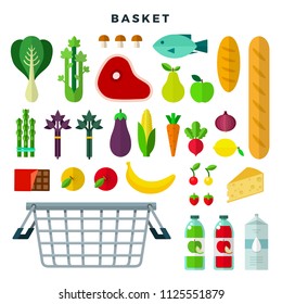 Food basket vector flat icons set with fish, meat, bread, berries, fruit, corn, cheese, chocolate, juice, milk, mushrooms and vegetables. Isolated on white background.