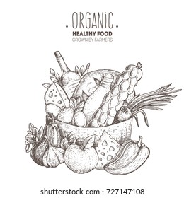 Food basket vector illustration. Farmers products. Farm market label. Organic healthy food logo. Hand drawn design for packaging. Engraved image.