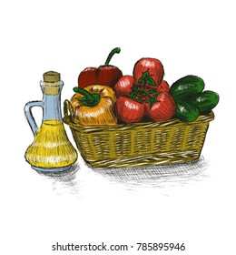 Food basket with vegetables hand drawn vector illustration. Organic vegetarian vegan food sketch
