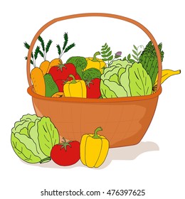 Food basket with vegetables on white background. Autumn harvest.