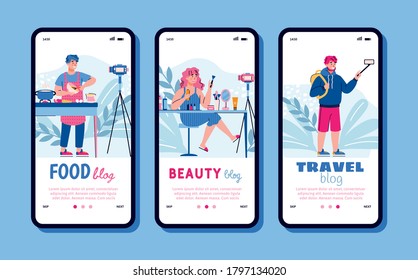 Food, beauty and travel blogger mobile app set - cartoon people with lifestyle blog on onboarding banner template collection on phone screen, vector illustration.