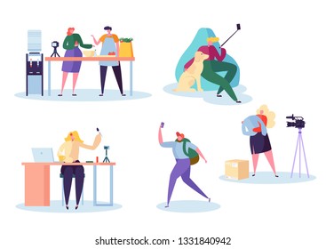 Food Beauty Travel Stylish Blogger Male And Female Character Set On White Background Make Video And Photo Content. Man With Dog Take Selfie Together. Flat Cartoon Vector Illustration