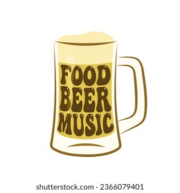 Food Beer Music lettering on mug of beer, graphic design for traditional festival Oktoberfest 2023, vector illustration