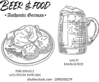 Food and beer. Oktoberfest. Pork knuckle with the potatoes and dumplings.