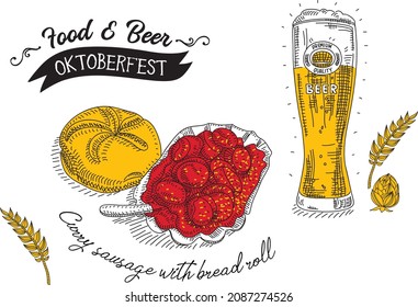 Food and Beer from Oktoberfest stock. Sketchy hand-drawn vector illustration. Curry sausage with bread roll and beer glass.