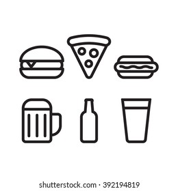 Food And Beer Set, Burger, Pizza, Hot Dog, Beer Cup, Beer Bottle Outline Icon Flat Vector On White Background. Theme For Cafe And Restaurant.