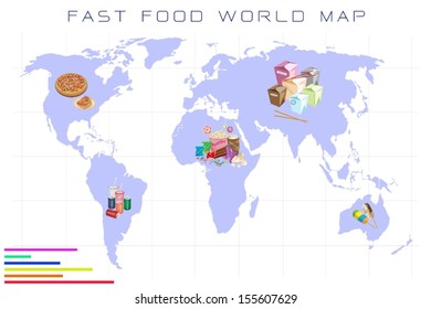 Food Benefit, Detailed Illustration of A Map of Fast Food and Take Out Food On A Global Scale 