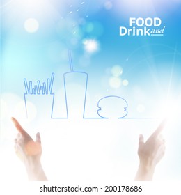 Food between two hands over sky. Vector illustration.
