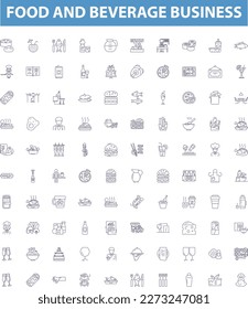 Food and beverage business line icons, signs set. Food, Beverage, Business, Restaurant, Cafe, Cuisine, Catering, Inventory, Supplies outline vector illustrations.