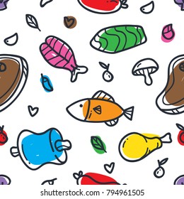 Food and beverage doodle seamless pattern
