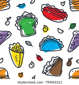 Food and beverage doodle seamless pattern