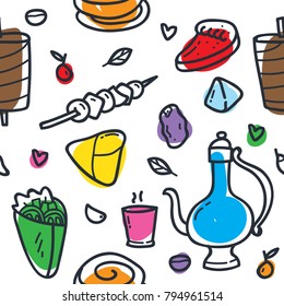Food and beverage doodle seamless pattern