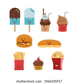 food and beverage doodles in the form of ice cream, hamburgers, bread, pop corn, potato sticks and cakes, for children's books, food menu books and comics