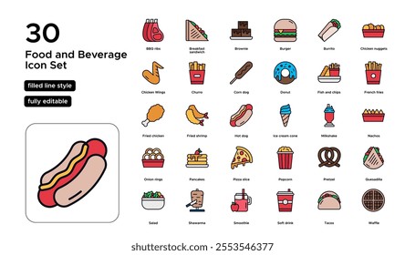 Food and Beverage Filled Line Icon Set: Drinks, Meals, Ingredients, and Culinary Icons