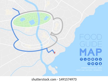 Food and beverage guide direction map travel with icon concept, Coffee or Tea cup shape poster and social banner post design in daytime mode illustration isolated on grey background, vector eps