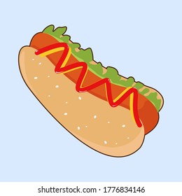 Food & Beverage Hotdog bread with sausages and fresh vegetables with tomato sauce