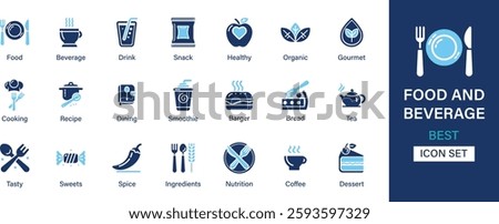 Food and beverage icon set collection. Beverage, drink, snack, healthy, organic, gourmet, cooking, recipe, dining, smoothie, tea, tasty and best solid icon set.