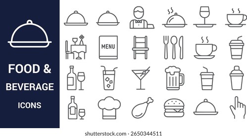 Food and beverage icons set with dark blue background