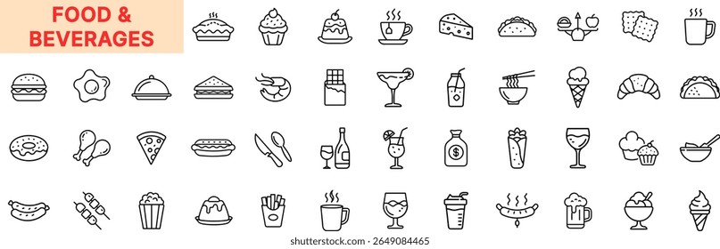 Food and Beverage Line Icon Set Featuring Cupcake, Burger, Pizza, Coffee Cup, Noodles, Wine Glass, Cocktail, Cheese, Ice Cream, Sandwich, Donut, Sausage, Tea Cup, and Dessert Icon Design
