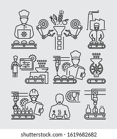 Food And Beverage Manufacturing Production Factory Workers Vector Line Icons