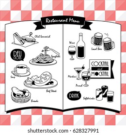 Food and Beverage menu for restaurant and cafe. Design template with hand-drawn graphic elements in doodle style.